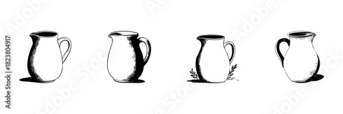 Pitcher Collection Doodle Sketch Set. Vintage Ceramic Jug Illustrations In Hand Drawn Style Collection. Rustic Kitchenware And Beverage Serving. Isolated Vector Illustration