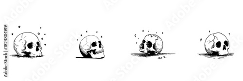 Skull Doodle Sketch Set. Symbolism Of Mortality, Mystery, And Gothic Art In Hand Drawn Style Collection. Intricate Details With Stars And Cracks. Isolated Vector Illustration