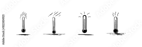 Thermometers With Heat Waves Doodle Sketch Set. Temperature Measurement And Heat Indication In Hand Drawn Style Collection. Weather And Climate Concept. Isolated Vector Illustration