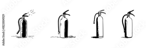 Fire Extinguisher Doodle Sketch Set. Fire Safety Equipment And Emergency Response Tools In Hand Drawn Style Collection. Fire Prevention And Protection. Hand Drawn Isolated Vector Illustration