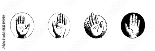 Hand Gesture Doodle Sketch Set. Open Palm Symbolizing Stop, Halt, Or Attention In Hand Drawn Style Collection. Communication And Sign Language. Isolated Vector Illustration