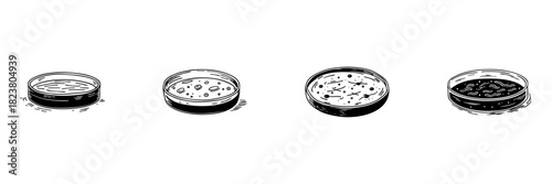 Petri Dish Doodle Sketch Set. Microbial Growth And Laboratory Experimentation In Hand Drawn Style Collection. Scientific Research And Microbiology Study. Hand Drawn Isolated Vector Illustration