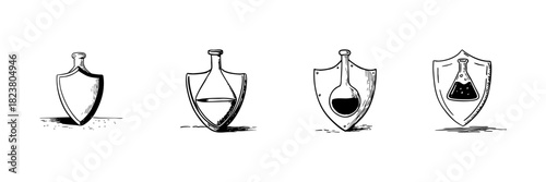 Shield And Potion Doodle Sketch Set. Alchemy, Protection, And Magical Elixirs In Hand Drawn Style Collection. Fantasy And Adventure Themes. Isolated Vector Illustration