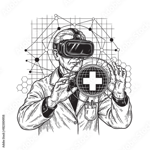 Scientist or medical professional in VR glasses manipulating a virtual healthcare cross symbol within a complex geometric network illustration.