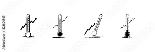 Thermometer With Rising Arrow Doodle Sketch Set. Temperature Increase, Climate Change, Global Warming Indicators In Hand Drawn Style Collection. Environmental Impact. Isolated Vector Illustration
