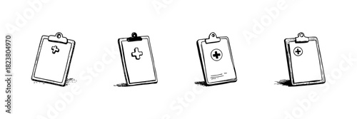 Medical Clipboard Doodle Sketch Set. Healthcare Documentation And Patient Record Management In Hand Drawn Style Collection. Medical Symbol On Clipboard. Isolated Vector Illustration