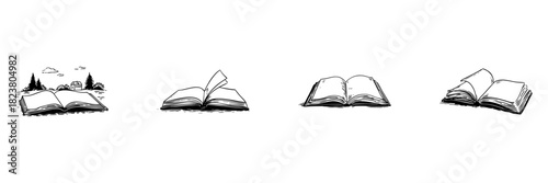 Open Book Doodle Sketch Set. Knowledge, Imagination, And Storytelling In Hand Drawn Style Collection. Educational And Literary Themes. Hand Drawn Isolated Vector Illustration