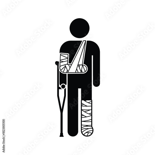 Injured person with arm sling and leg cast using crutches icon, symbol, representation of medical aid, healthcare and recovery process