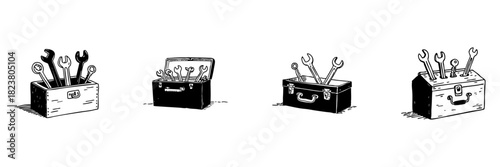 Toolbox With Wrenches Doodle Sketch Set. Handyman Tools And Repair Equipment In Hand Drawn Style Collection. Diy And Maintenance Essentials. Isolated Vector Illustration