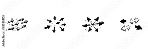 Arrow Direction Doodle Sketch Set. Movement, Navigation, And Orientation Symbols In Hand Drawn Style Collection. Vector Illustration For Design And Communication Concepts