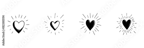 Heart Icons With Radiating Lines Doodle Sketch Set. Love, Affection, And Emotional Expression In Hand Drawn Style Collection. Romantic And Sentimental Design. Isolated Vector Illustration