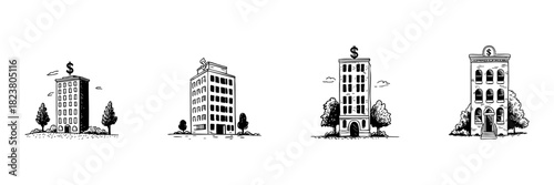 Bank Buildings With Dollar Signs Doodle Sketch Set. Financial Institutions, Economic Growth, And Investment Opportunities In Hand Drawn Style Collection. Isolated Vector Illustration