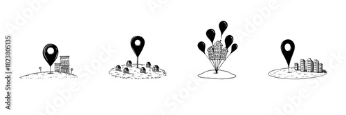 Location Pin With Buildings Doodle Sketch Set. Urban And Suburban Navigation And Mapping In Hand Drawn Style Collection. City, Town, And Neighborhood Representation. Isolated Vector Illustration