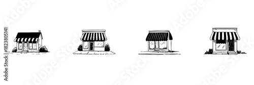 Small Retail Shops Doodle Sketch Set. Local Business, Storefront, And Boutique Representation In Hand Drawn Style Collection. Charming And Quaint Shop Illustrations. Isolated Vector Illustration