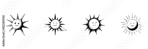 Smiling Sun Faces Doodle Sketch Set. Cheerful Sun Expressions And Weather Symbols In Hand Drawn Style Collection. Playful And Whimsical Design Elements. Isolated Vector Illustration