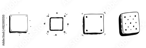 Square Button Doodle Sketch Set. User Interface Design And Interactive Elements In Hand Drawn Style Collection. Icon Set For Digital Applications. Hand Drawn Isolated Vector Illustration