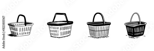 Shopping Basket Doodle Sketch Set. Retail And Grocery Shopping Essentials In Hand Drawn Style Collection. Market And Store Iconography. Isolated Vector Illustration
