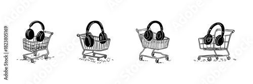Shopping Cart With Headphones Doodle Sketch Set. E-Commerce, Online Shopping, And Music Accessories In Hand Drawn Style Collection. Retail And Audio Equipment. Hand Drawn Isolated Vector Illustration