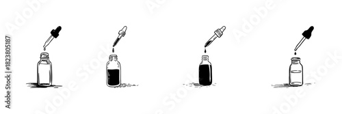 Dropper Bottles With Liquid Doodle Sketch Set. Essential Oil, Medicine, Skincare Application In Hand Drawn Style Collection. Aromatherapy And Wellness Concept. Isolated Vector Illustration