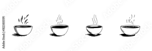 Steaming Bowls Of Soup Doodle Sketch Set. Warm Comfort Food And Culinary Delight In Hand Drawn Style Collection. Cozy And Inviting Meal Illustration. Isolated Vector Illustration
