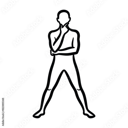 Line art illustration of a person in a thinking pose with hand on chin and crossed arms, isolated on a white background