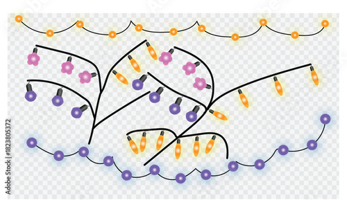 Decorative string lights with flower and round bulbs on transparent background