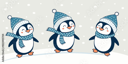 Three cheerful cartoon penguins in winter hats and scarves stand on snow with falling snowflakes in background.