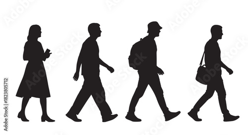 Walking Silhouette Set People Walking Man Woman Bag Backpack Business