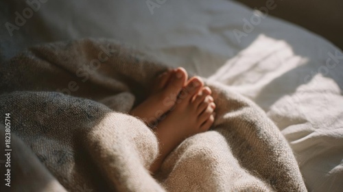 Pair of bare feet resting on a beige blanket. the blanket is draped over a bed, and the person's legs are visible in the foreground.