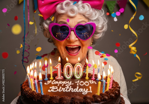 Joyful centenarian celebrates a milestone birthday with cake and heart-shaped glasses