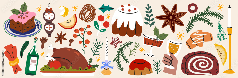 Naklejka premium Traditional festive dishes, food, baking, gingerbread, pie, cake, cookies, turkey, spices, branches. Winter holiday stickers set in cartoon retro style. Flat vector illustration isolated
