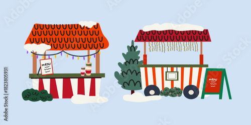 Vintage Christmas market compositions in cartoon doodle style. Winter holiday festive stalls with cozy decorations, snow, drink, Christmas trees. New Year festival shops. Vector illustrations