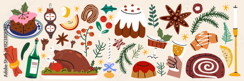 Traditional festive dishes, food, baking, gingerbread, pie, cake, cookies, turkey, spices, branches. Winter holiday stickers set in cartoon retro style. Flat vector illustration isolated
