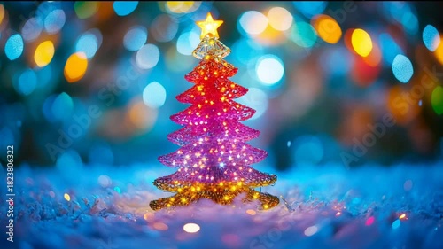 Video of colorful crystal Christmas tree on blue background with garland lights. Holiday greeting card template