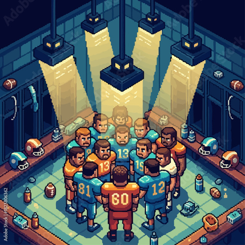 Football Team Huddle in Locker Room Pre-Game Strategy Session, Pixel Art Illustration
