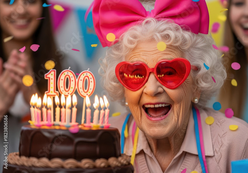 Joyful centenarian celebrates her 100th birthday with cake and candles