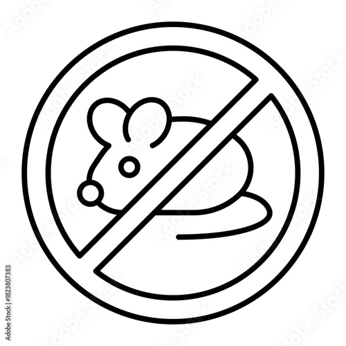 Laboratory mouse ban thin line icon, rat concept. Vector graphics. Forbidden, prohibited item sign on white background, style icon mobile or web design.