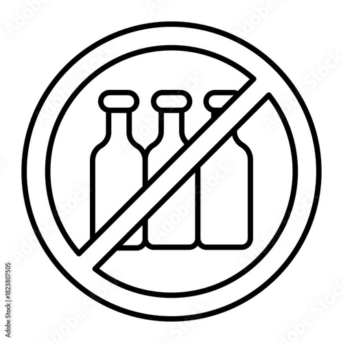 Three glass bottles ban thin line icon, processing of raw materials concept. Vector graphics. Forbidden, prohibited item sign on white background, style icon mobile or web design.