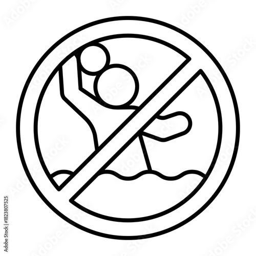 Man with ball in water ban thin line icon, swimming and playing concept. Vector graphics. Forbidden, prohibited item sign on white background, style icon mobile or web design.