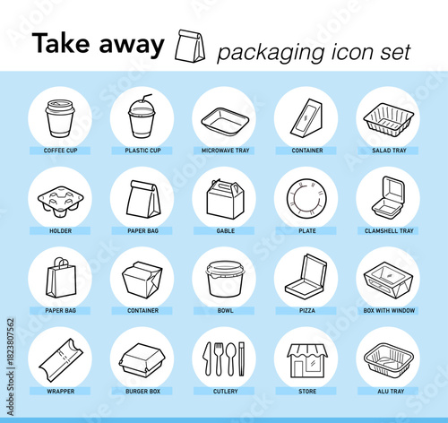 Take away food packaging icons sheet. Vector elements for infographics. Set of sign for detailed guideline. Ready for your design. EPS10.