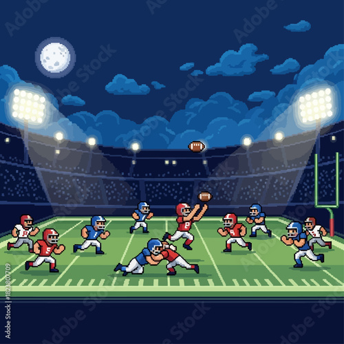 Pixelated American Football Game Under the Night Sky at Stadium with Players in Action