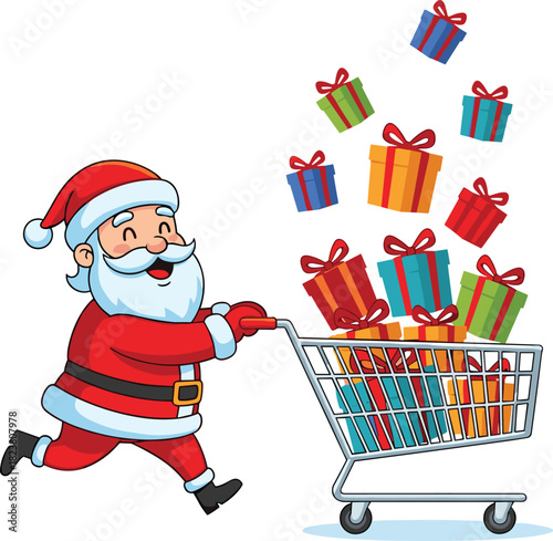 Smiling Santa Claus Pushing Shopping Cart Full of Gifts, Christmas Sale, Holiday Presents, Ecommerce, Festive Marketing, Vector Illustration