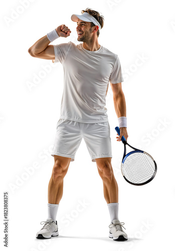 Cheerful caucasian male tennis player looking excited in celebration