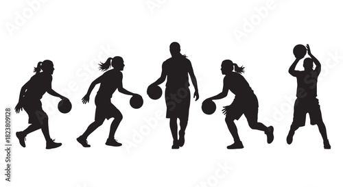 Basketball Player Silhouette Active Women Dribbling Ball Sport Vector Illustration