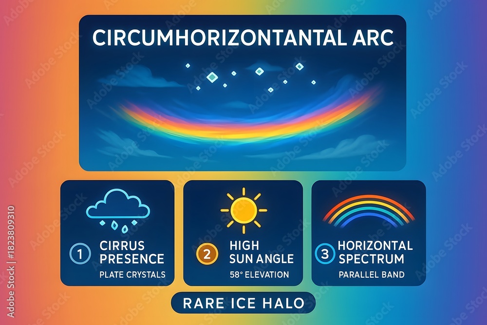 Obraz premium Circumhorizontal arc fire rainbow optical phenomenon explanation for weather science education
