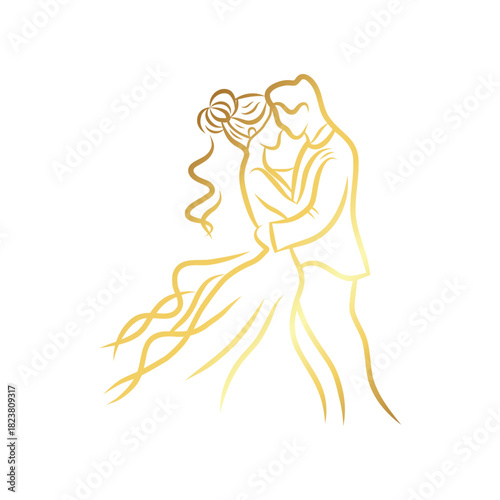Elegant line card, wedding couple silhouette, vector illustration