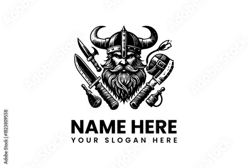 Viking Warrior Logo Illustration with Axes and Knives - Vintage Emblem Vector Art