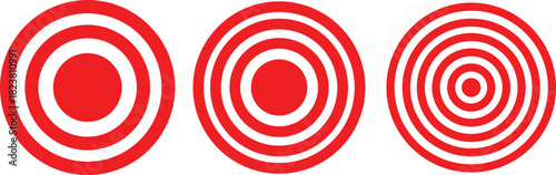 Red concentric circles set. Bold target and bullseye style round patterns with multiple rings. Abstract focus and attention elements for retro, poster and graphic design. Vector illustration.