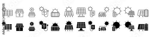 Solar panels vector icon set. Solar energy illustration sign collection. Solar charging symbol. Alternative energy logo.