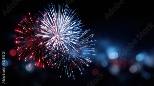 Bright fireworks illuminate night sky creating stunning bokeh background perfect for holiday celebrations and joyful moments